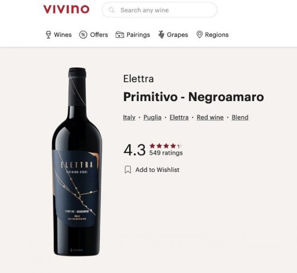 Rượu Vang Elettra Primitivo Negroamaro Puglia IGT